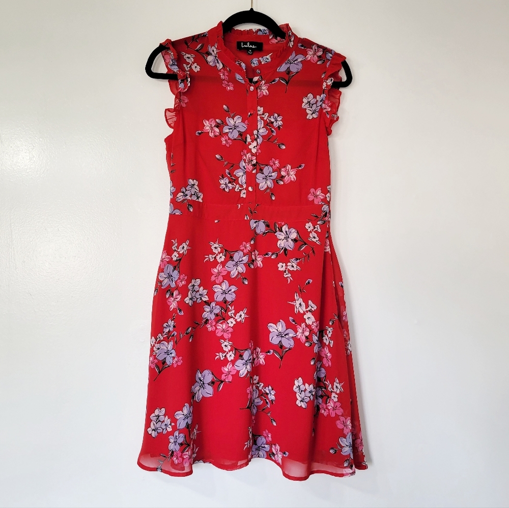 Lulu's Red Floral Ruffled Sleeveless Skater Dress Size Medium - Picture 4 of 13